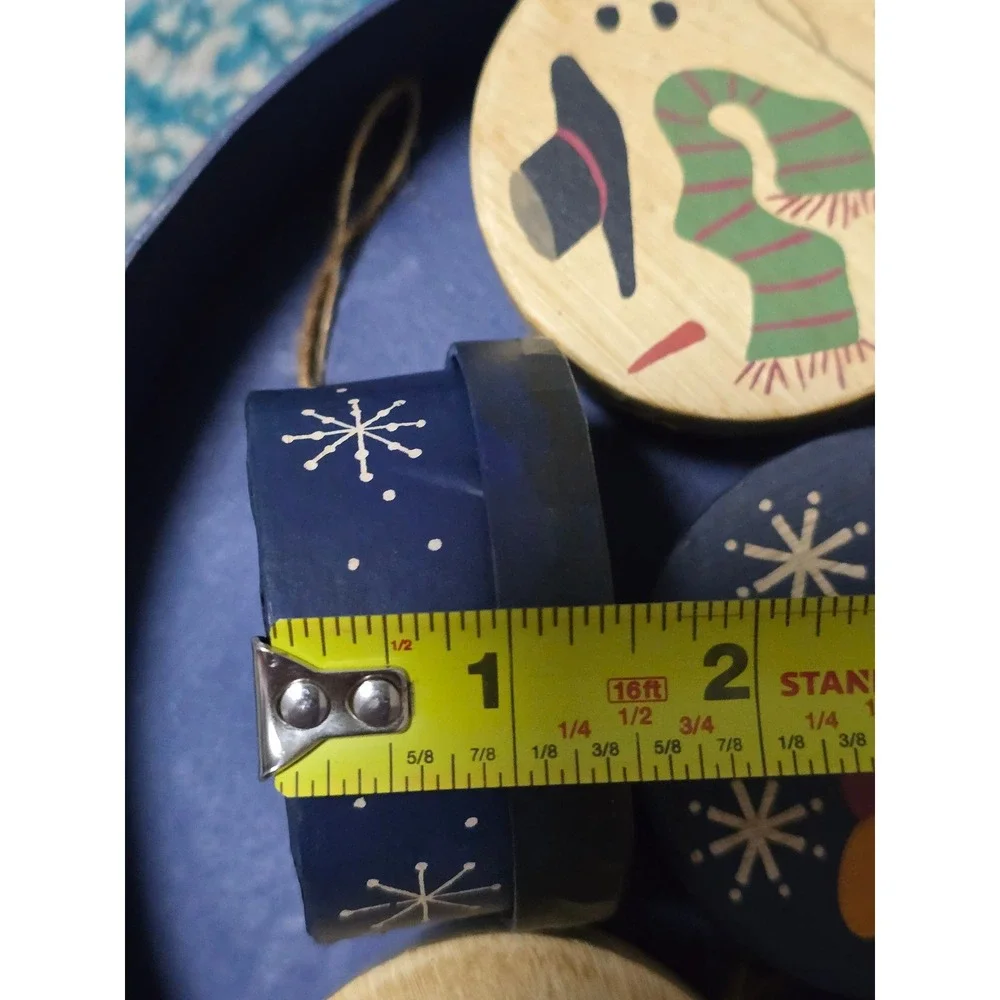 Round Snowman Face Christmas Ornaments Set of 7‎ Wood Sleigh Lights Mittens wood